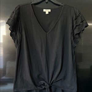 Style & Co. Black V-Neck Blouse with Lace Sleeves